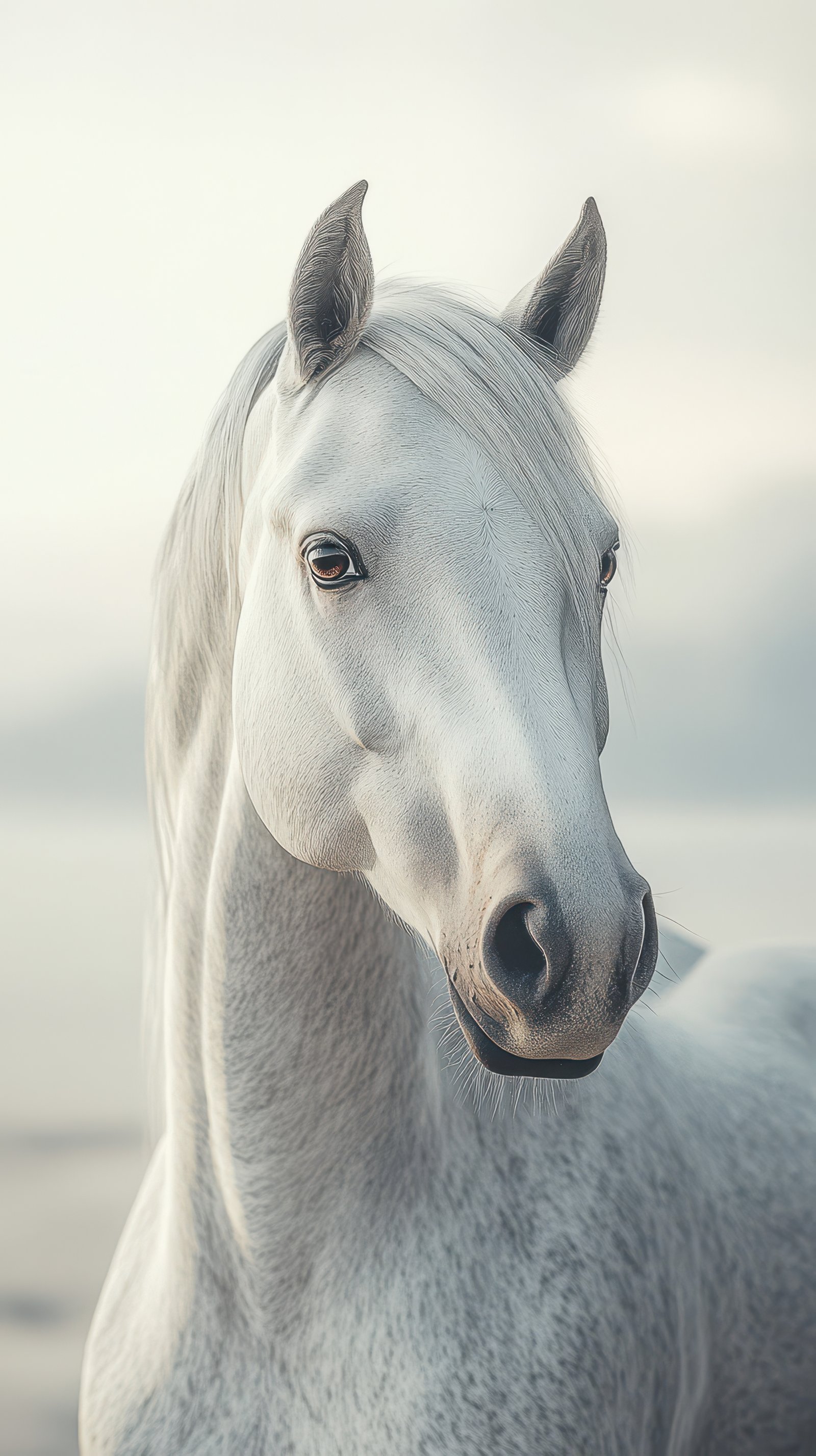 Majestic white horse stands gracefully by the shoreline during a calm morning, capturing a serene moment in nature